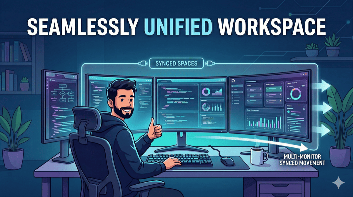 Illustration of a developer at a multi-monitor workstation with all displays showing the same synced workspace